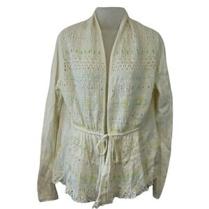 Anthropologie Moth Lace Cardigan Sweater LG Spring Pastel Feminine Linen